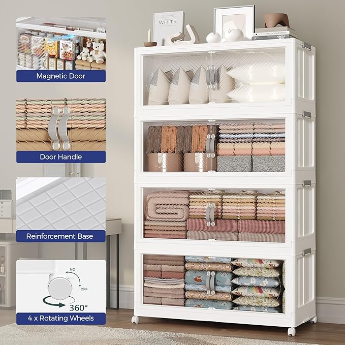 480QT Extra Large Stackable Storage Bins with Lid & Wheels & Doors, 120Gal Foldable Collapsible Closet Organizers, Plastic Cabinet Box Container Drawer for Home Kitchen Bedroom, 4Pack White