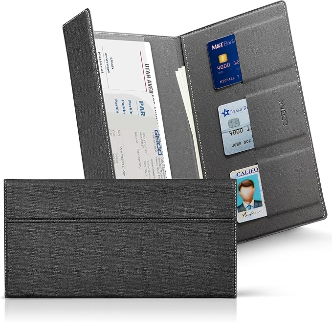 CoBak Leather Car Registration and Insurance Holder with Magnetic Compartment - Vehicle Glove Box Organizer for Driver License, Cards, Emergency Cash - Auto Truck Accessories Case, Cloth Black
