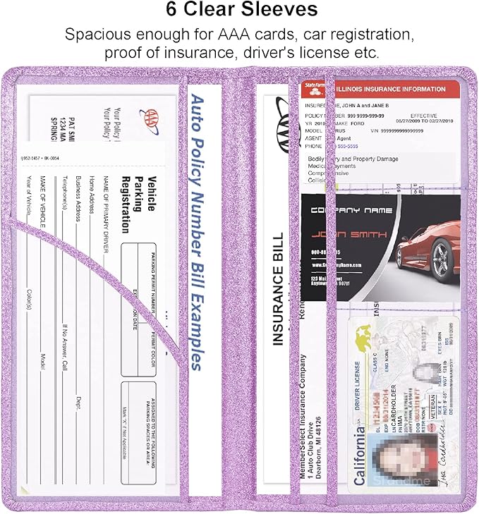 Car Registration and Insurance Holder, Leather Magnetic Shut Vehicle Glove Box Organizer for Document, Card, Driver License, Glitter Purple