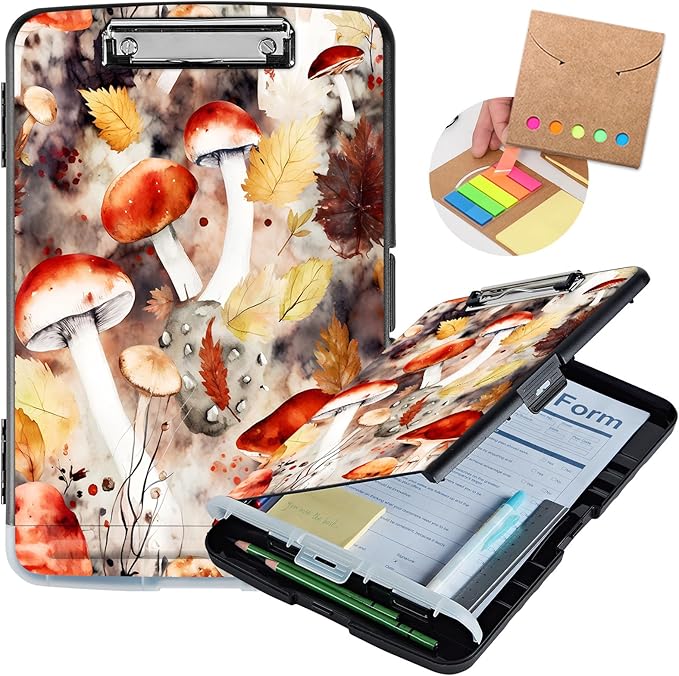 Clipboard with Storage,Storage Clipboard with Pen Holder,Heavy Duty Plastic Storage Clipboard with Low Profile Clip, Clipboard Folder, Teacher Must Haves, Office Supplies,Mushrooms and Leaves