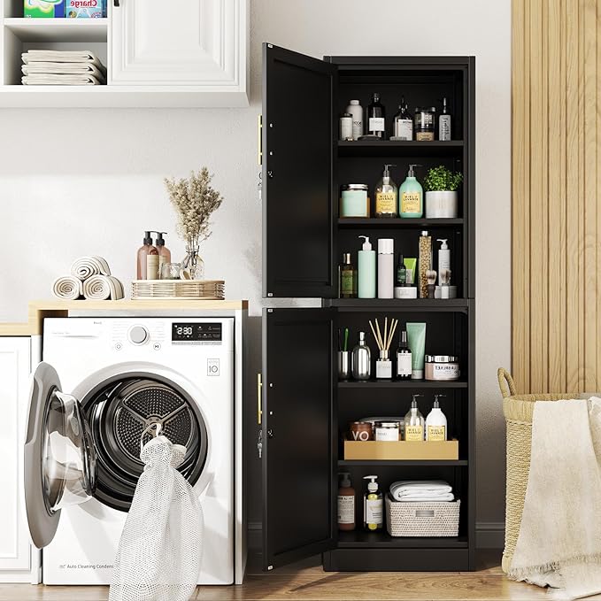 2 Door Metal Locker Cabinet, 19.7’’W Narrow Vertical Steel Storage Cabinet with Locking Door and 4 Adjustable Shelves, Garage Tool File Cabinets for Office, Kitchen, Bathroom, Black