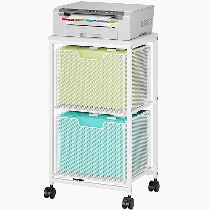 Rolling File Cart with 2 Storage Drawers,Under Desk Storage Cart,Hanging File Folder Organizer with Wheels, Filing Cabinet Mobile Printer Stand Utility Craft Cart for Home Office,White
