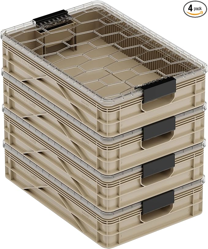 SIDIO Quarter Crate 4 Pack of Stackable Storage Bins - Organizer Bins with Dividers for Garage Organization, Home Storage - Heavy Duty Plastic Containers - 19.16” x 12.75”x 4.57” (Tan)