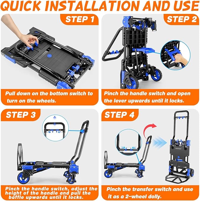 2-in-1 Folding Hand Truck with Folding Basket,Hand Truck with Retractable Handle, 330LBS Capacity Heavy Duty Hand Dolly, Dolly Cart with Wheels for Luggage/Moving/Travel