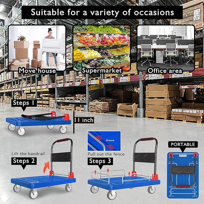 Heavy Duty Platform Truck Cart with Brake Wheels & Foldable Fences 1300lbs Capacity Flatbed Cart for Moving and Transport 36"x24" Moving Dolly for Warehouse/Industrial/Home, Blue