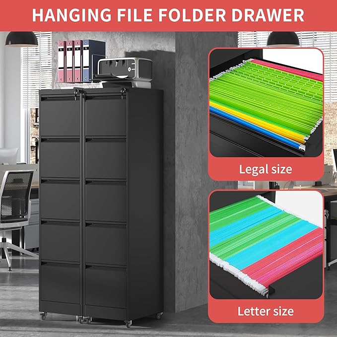 5 Drawer Locking File Cabinet with Wheels,Metal Mobile Filing Cabinets,Black Rolling File Cabinet for Home Office,Heavy Duty Storage Cabinet for A4/Letter/Legal Size File,Assembly Required