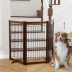 Wire Dog Gate Solid Wood Frame, Anti-Chewing, 3-Panel, 36" Height, 60" Width, Indoor Freestanding Pet Gate Foldable Wooden Dog Fences for Stairs, House, Doorway, Walnut Color