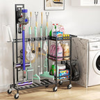 Housolution Cleaning Utility Cart on Wheels, Multifunctional Cleaning Tools Supplies Organizer with Broom and Mop Holder, Vacuum Stand Compatible with Dyson, Rolling Storage Cart for Home