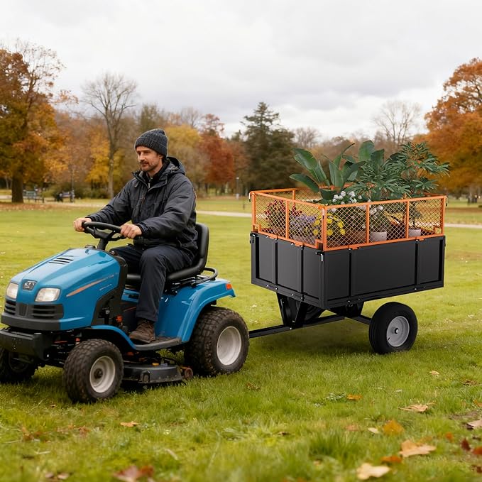 Heavy Duty ATV Dump Cart - Steel Tow Behind Trailer, Garden Cart Trailer, 17 Cu.Ft Capacity & 750 Lbs Steel Dump Trailers, with Foldable Mesh Fence, Yard Garden Trailers for Lawn Mower Tractor