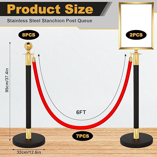 Blulu 8 Sets Stainless Steel Stanchion Set 8 Crowd Control Poles 7 Velvet Ropes and 2 A4 Sign Holders Carpet Ropes and Hollow Base Poles Easy Assembly Safety Barrier for Event Party(Black Gold)