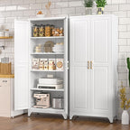 Kitchen Pantry Cabinet, 75" H Metal Storage Cabinet with Doors and Shelves, 4 Standing Feet, Cupboard for Kitchen, Dining, Living Room, 16" D x 32" W x 75" H, White, Assembly Required