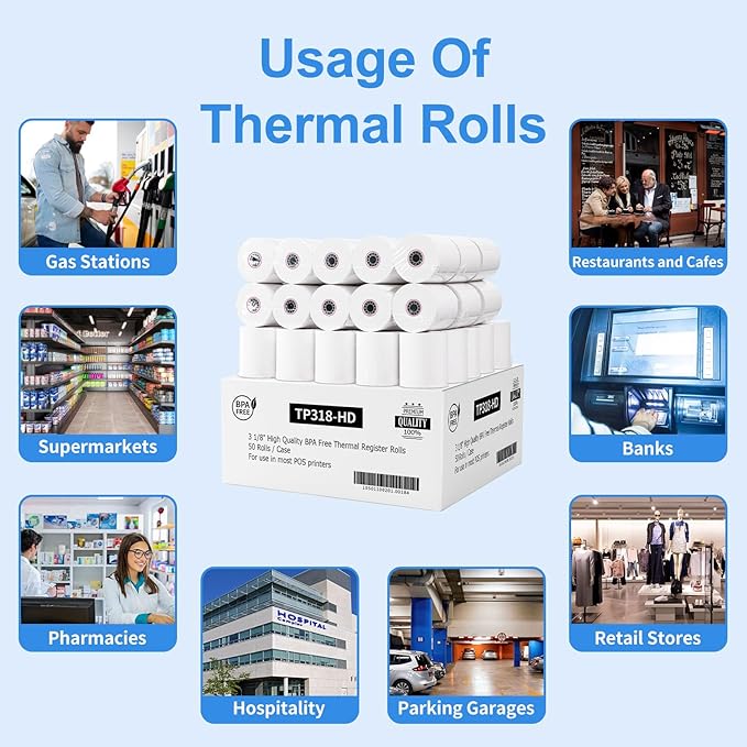 3 1/8 Thermal Paper Receipt Rolls (50 Pack) 55 GSM Premium Quality, BPA Free Receipt Paper Compatible with Most POS Systems, Cash Registers, Thermal Receipt Rolls