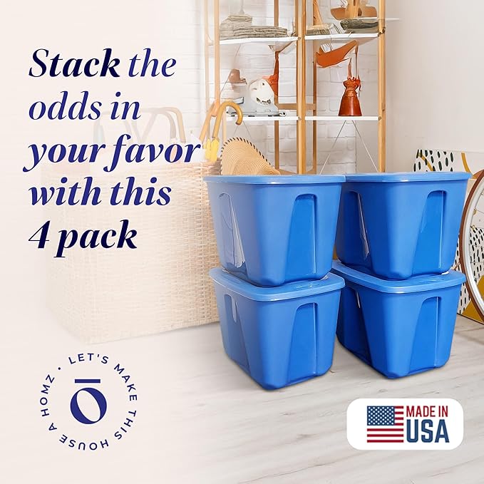 HOMZ 4-Pack Durable Molded Bin, Plastic Storage Containers w/Lids, 18 Gallon, Blue - Stackable Organizer Totes and Boxes for Bedroom, Kitchen, and Garage Organization