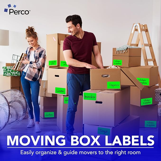 Perco Fluorescent Green Labels 3x5 Inch 500 Stickers/Roll with Easy Peel Perforation and Strong Adhesion for Inventory Management, Color Coding, Moving Boxes, Retail, Organizing & Crafts – Made in USA