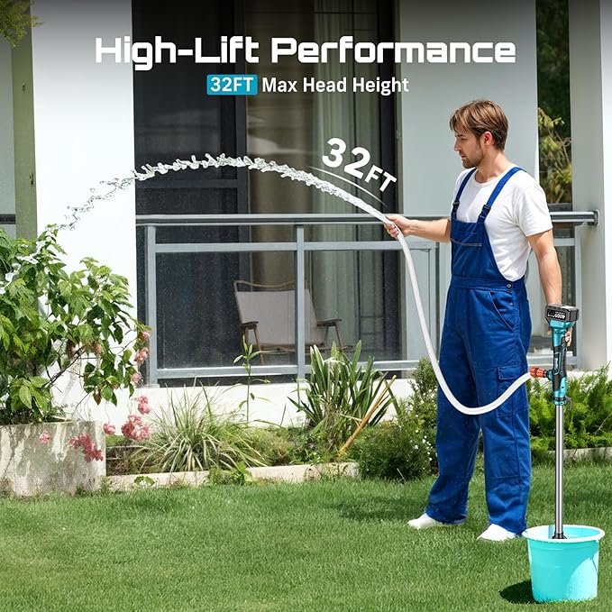 SEESII Cordless Stick Water Transfer Pump, with Dual 4000mAh Batteries & Charger, 720GPH, 32FT Head, Handheld Portable Utility Sump Pump Kit with 3/4" Outlet for Pool/Garden/Pond/RV/Boat Draining
