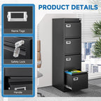 4 Drawer File Cabinet with Lock Metal Vertical File Cabinet Office Home Vertical File Cabinet for A4 Legal/Letter Size Narrow File Cabinet Locked,Assembly Required (Black, 4 Drawers- Vertical)