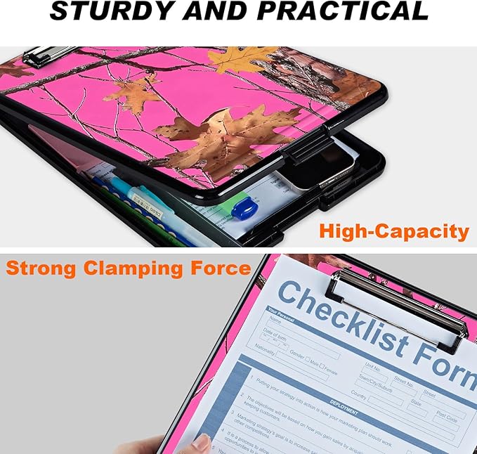 Clipboard with Storage, Hard Letter A4 Size Clip Board with Pen Holder & Paper Organizer, Heavy Duty Portable Writing Pad for Nurses Students Teachers Office Jobsite Contractor, Pink Dead Wood