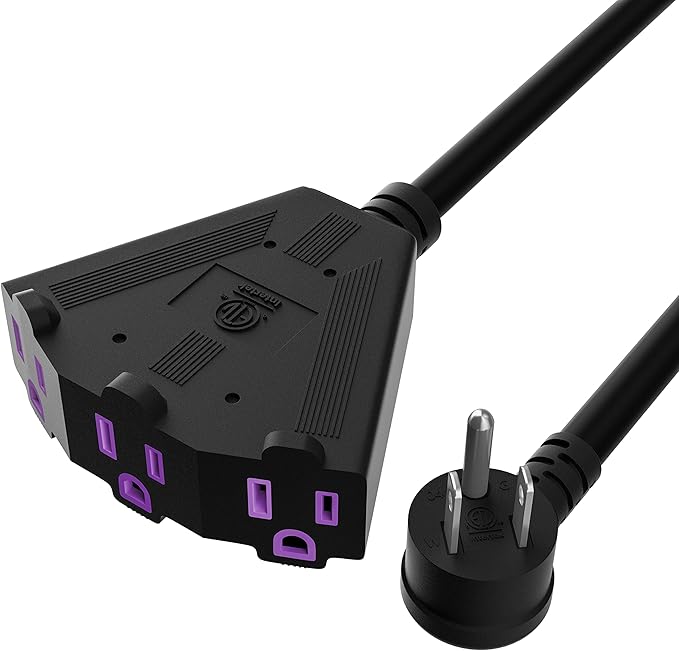 Outdoor Extension Cord 100 FT with 3 Outlets, 3 Prong 90 Degree Angled Plug, 12/3 Heavy Duty 12 Gauge Power Cable, 12AWG, SJTW, 15A, 125V, 1875W, ETL Listed, Black Wire, with Free Carrying Strap+Ties