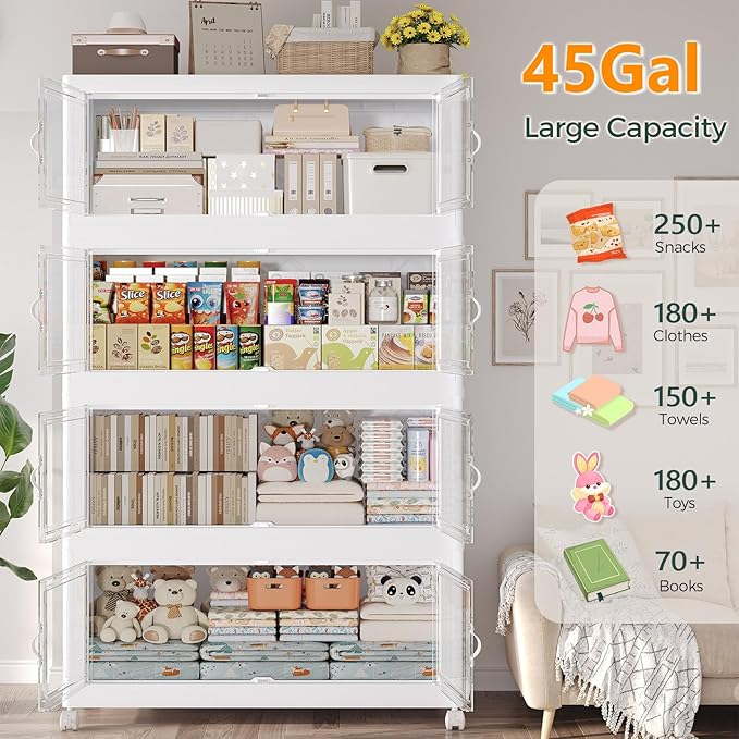 225Gal Stackable Storage Bins with Lid and Wheels, 900QT Plastic Collapsible Storage Boxes with Doors, Closet Organizer and Storage Cabinet for Home Kitchen Office Dorm Room, 5Pack White