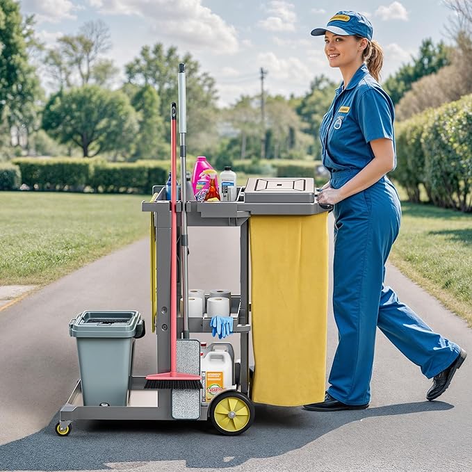 DWVO Janitorial Cart on Wheels, Cleaning Carts, Housekeeping Cart, 3 Shelf Commercial Traditional Plastic Janitor Carts, with 2 Yellow 25 Gallon Vinyl Bag & Rubber Gloves for Restaurant Hotel Home