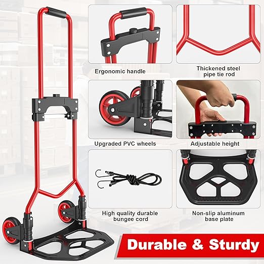 Folding Hand Truck Dolly Cart, 180LBS Portable Aluminum Hand Truck Foldable with Telescoping Handle and Elastic Cord for Luggage, Boxes, Functionality Foldable Dolly for Home, Moving, Black Red