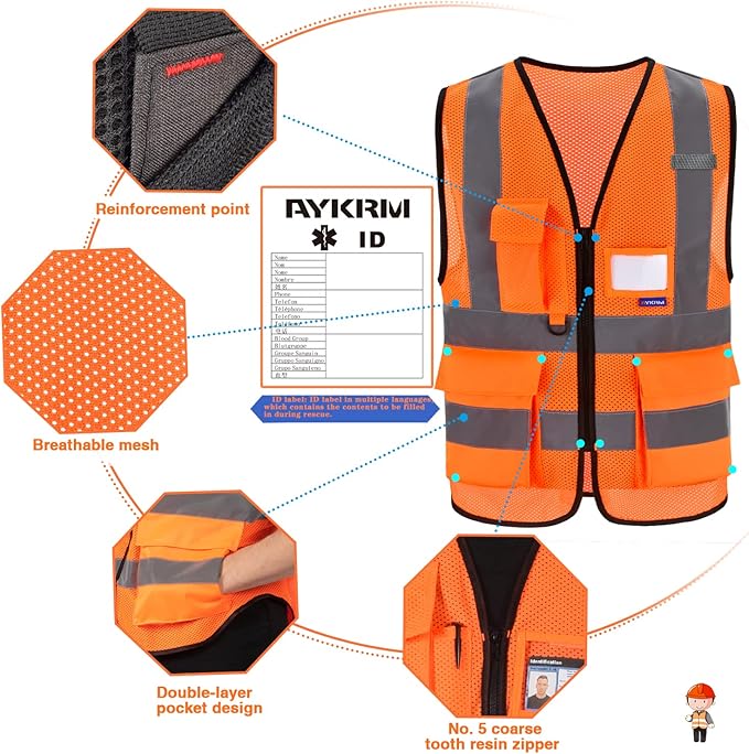 A-SAFETY High Visibility Mesh Safety Reflective Vest with Pockets and Zipper,Hi Vis Viz Reflective Safety Vest(Orange Mesh XXL)