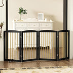 Freestanding Pet Gate for Dogs, Indoor Wooden Dog Gate for House, Foldable Dog Gate for Doorway, Stair, Step Over Pet Puppy Safety Fence Tall, 80 Inch Wide, 4 Panels 32", Black & Gold