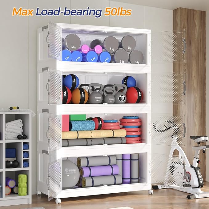 640QT Extra Large Stackable Storage Bins with Lid & Wheels & Doors, 160Gal Foldable Collapsible Closet Organizers, Plastic Cabinet Box Container Drawer for Home Kitchen Bedroom, 4Pack White