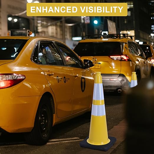 OrangeStar 4-Pack 28" Traffic Cones, Yellow Safety Cones with Reflective Collars, Heavy Duty Base for Construction, Parking Lot, Road Work, Flexible PVC, Indoor & Outdoor Use