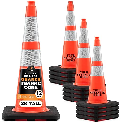 Xpose Safety 28 Inch Orange Slim Line Traffic Cones with 6" & 4" Collars, 12 Pack Multipurpose PVC Plastic Safety Cone for Parking, Soccer, Caution, Kids & Construction - DOT Approved