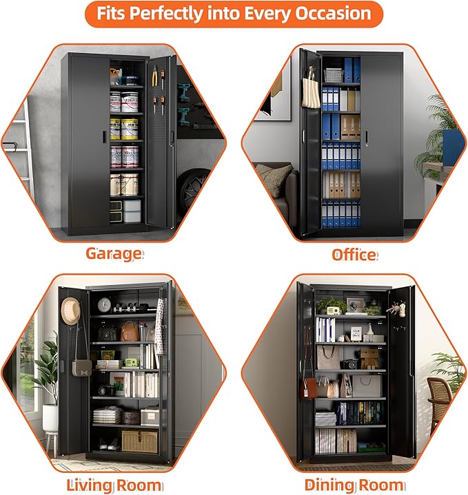 Metal Storage Cabinet with 5 Adjustable Shelves and Pegboard, 71" H×32" W×16" D Garage Storage Cabinet with Lockable Doors for Garage,Office,Home,Gym,School, Lockable File Cabinet, Black