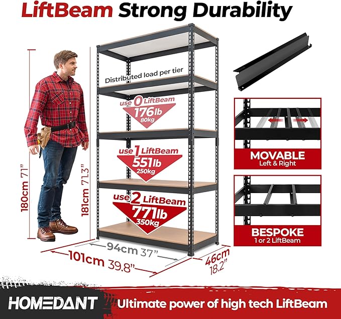 HOMEDANT 5-Tier Laminated Boltless Heavy Duty Metal Shelving Unit Adjustable Garage Storage Utility Rack Shelves Organization Multipurpose Shelf Warehouse Industrial (10, (L) 39.8" W, Black)