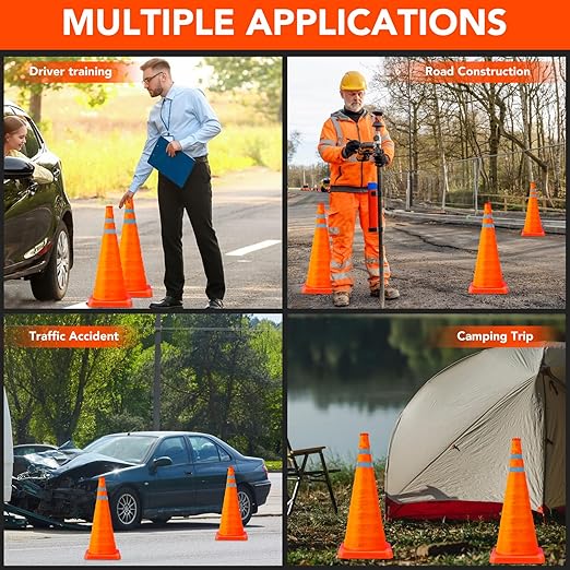 [12 Pack]28 Inch Collapsible Traffic Safety Cones - Parking Cones with Reflective Collars, Orange Safety Cones for Parking lot, Driveway, Driving Training etc
