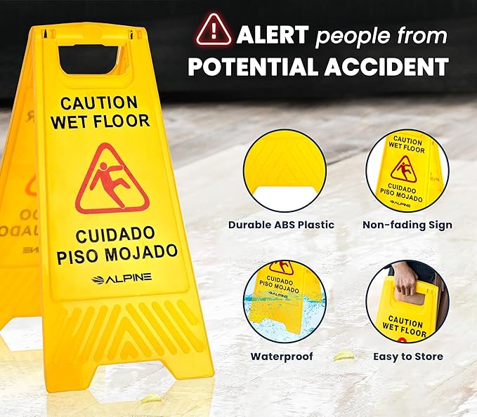 Alpine Wet Floor Signs 3 Pack - 24 Inch Caution Wet Floor Sign, High Visibility Yellow Slippery When Wet Sign - Bilingual Safety Warning Sign to Easily Avoid Slippery Accidents in High Traffic Areas