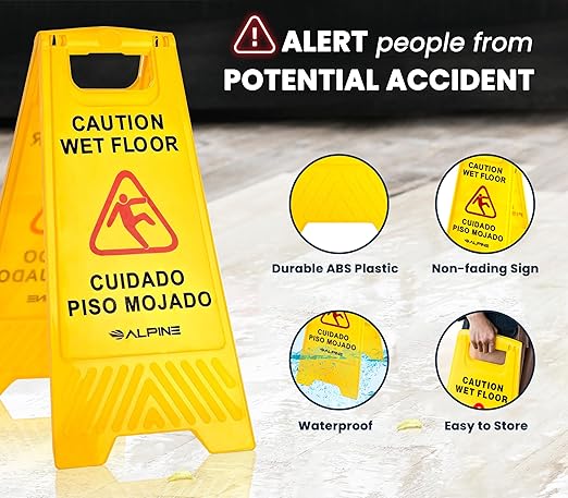 Alpine Caution Wet Floor Sign, 24 Inch High Visibility Yellow Slippery When Wet Sign - Bilingual Safety Warning Sign to Easily Avoid Slippery Accidents in Businesses & High Traffic Areas
