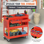 3-Tier Rolling Tool Cart, Heavy Duty for Mechanics, 400 LBS with Drawers, Red