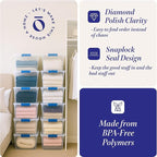 HOMZ 12-Pack Secure Latch, Clear Plastic Storage Organizer Bins, 31 Quart, Blue Latches - Stackable Container Boxes for Bedroom, Bathroom, Garage, and Office Organization
