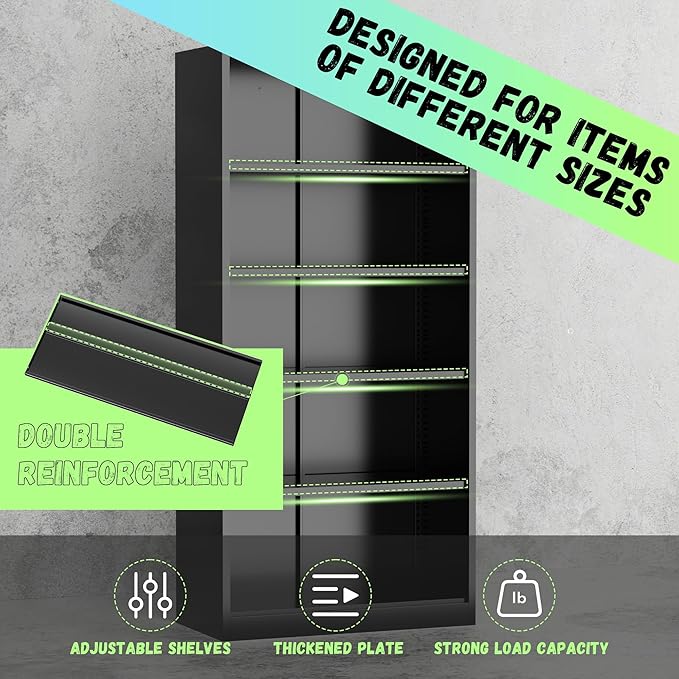SUNCROWN 72" Metal Storage Cabinet - Heavy-Duty Metal Garage Cabinet with 4 Adjustable Shelves & 2 Doors for Tools, Office, Home, Workshop,Black-Small