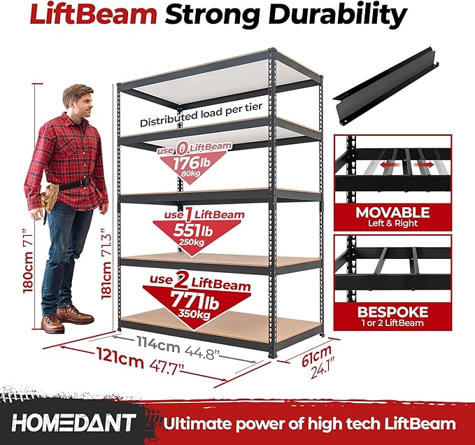 HOMEDANT 5 Tier Storage Shelves Adjustable Laminated Boltless Garage Metal Shelving Unit Heavy Duty Utility Rack Shelf Warehouse Pantry Closet Kitchen (10, (XL Deep) 48.1" W, Black)
