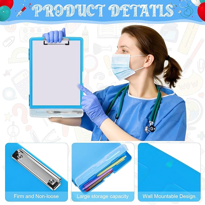 Crtiin 6 Pcs Plastic Clipboard with Storage Colored A4 Nursing Holder Heavy Duty Waterproof Storage Clipboard Folder for Office School Nurses Teacher Essentials (Simple Color)