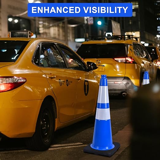 OrangeStar 4-Pack 28" Traffic Cones, Blue Safety Cones with Reflective Collars, Heavy Duty Base for Construction, Parking Lot, Road Work, Flexible PVC, Indoor & Outdoor Use