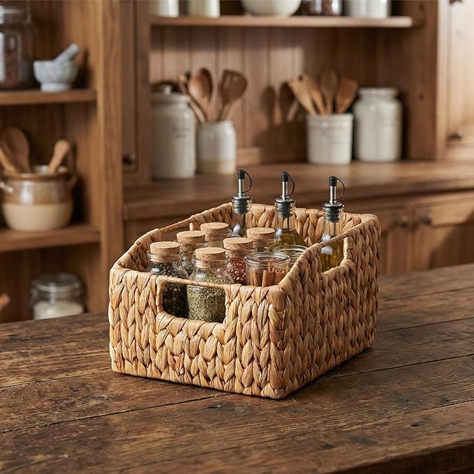 Wicker Pantry Basket Set of 2 – Handwoven Water Hyacinth Wicker Storage Baskets with Handles – Decorative Woven Baskets for Kitchen, Shelves & Organizing