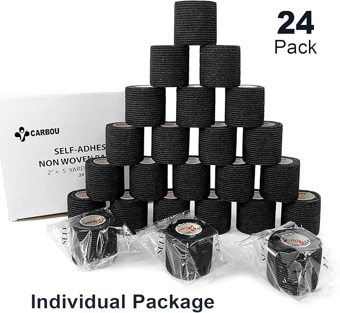 [24Pack 2" x5 Yards] Carbou-Self Adhesive Bandages Sports Wrap, Athletic Elastic Cohesive Bandage for Sports, Injuries, Treatments, and Recovery, First Aid Tape Vet Wrap for Cat, Dog Black