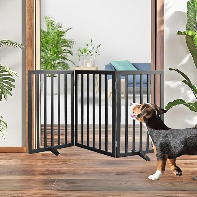 ZJSF Freestanding Indoor Dog Gate for House Foldable Wood Puppy Gate for Doorways Pet Gate for Stairs Extra Wide Pet Fence, Black, 32" Height 3 Panels