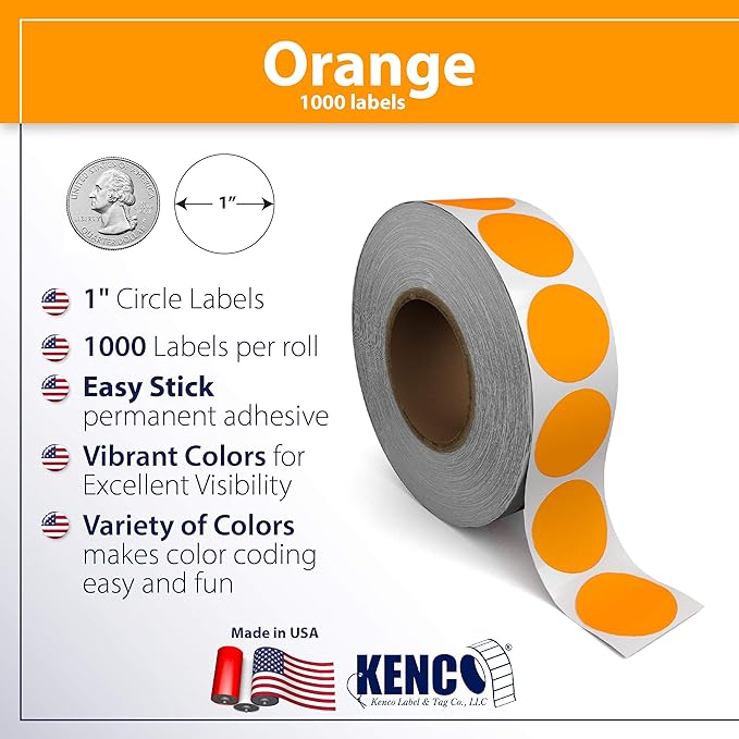Kenco Color Coding Circle Dot Sticker Labels on a roll (Bright Orange, 1 INCH 1000 Stickers)