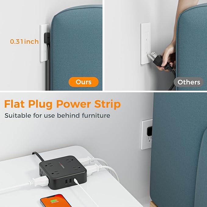TESSAN Surge Protector Power Strip Black, 5 Ft Flat Plug Extension Cord with 3 USB (1 USB C) 8 Outlets, 900J Surge Protection, 3 Sided Outlet Extender with Power Switch for Office, Dorm Room