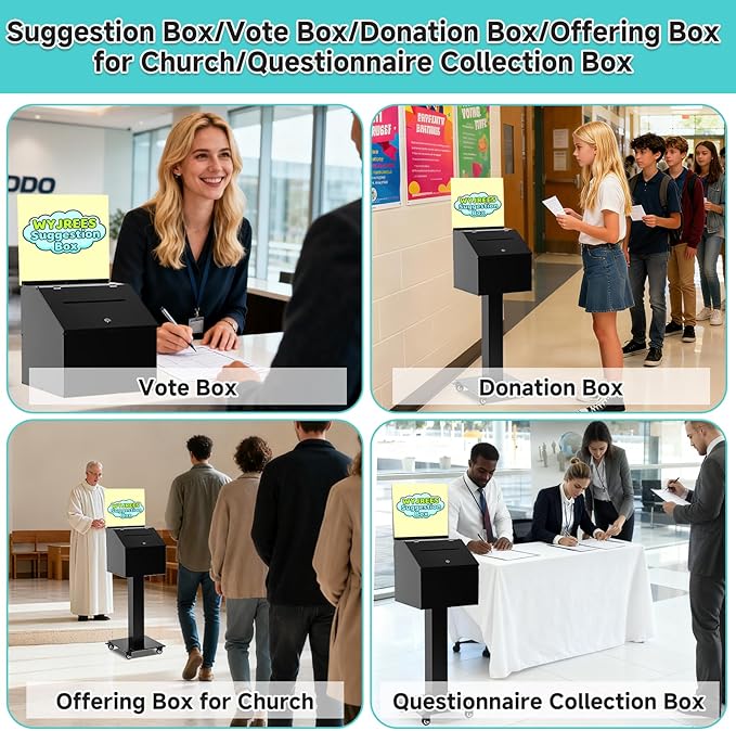 Suggestion Box with Stand, Heavy Duty Metal Floor Standing Offering Box with Lock and Key, Ballot Box with Sign Holder for Voting, Charity, Church and Event Fundraising
