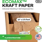 IDL Packaging 12" x 175' EcoMax™ Kraft Paper Cellulose Wadding in Self-Dispensed Box - Cushioning Wrapping and Box Void Filling - Gentle Packing for Shipping, Moving, and Storing Fragile Items