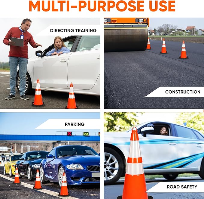 Pyle 28-Inch Safety Traffic Cones, 10-Pack Orange Parking Cones with Reflective Collars, Stackable PVC Construction for Roadwork, Sports Training & Events, Solid High-Density Base for Stability