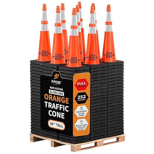 Xpose Safety 36 Inch Orange Slim Line Traffic Cones 6" & 4" Collar - Bulk Full Pallet 252 Pack - Multipurpose PVC Plastic Safety Cone for Parking, Soccer, Caution & Construction - DOT Approved